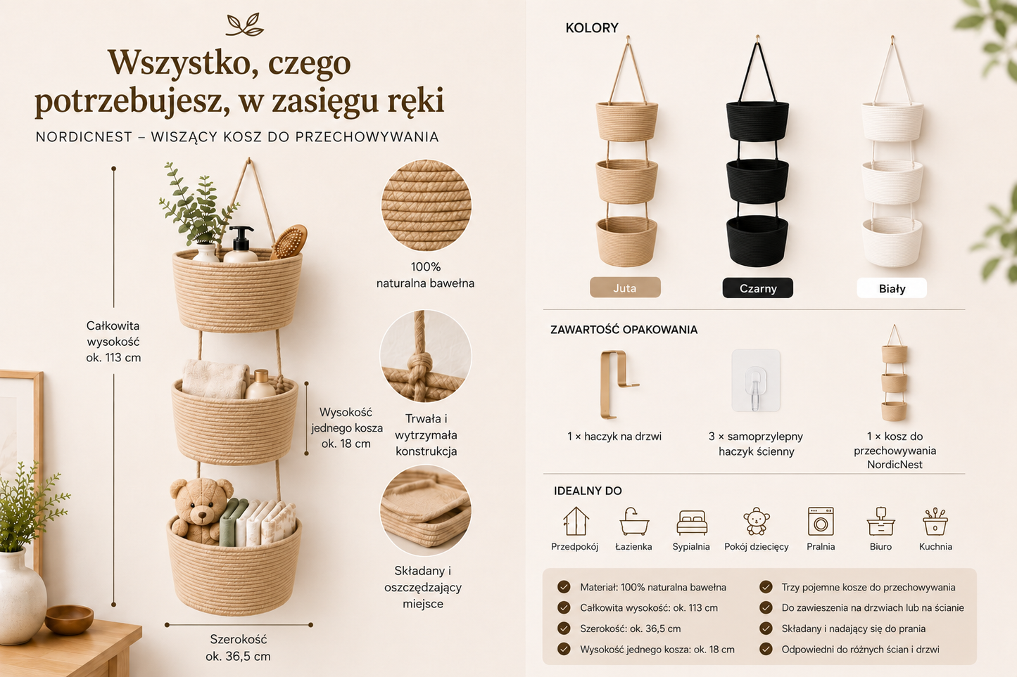 NordicNest – Wiszący kosz do przechowywania