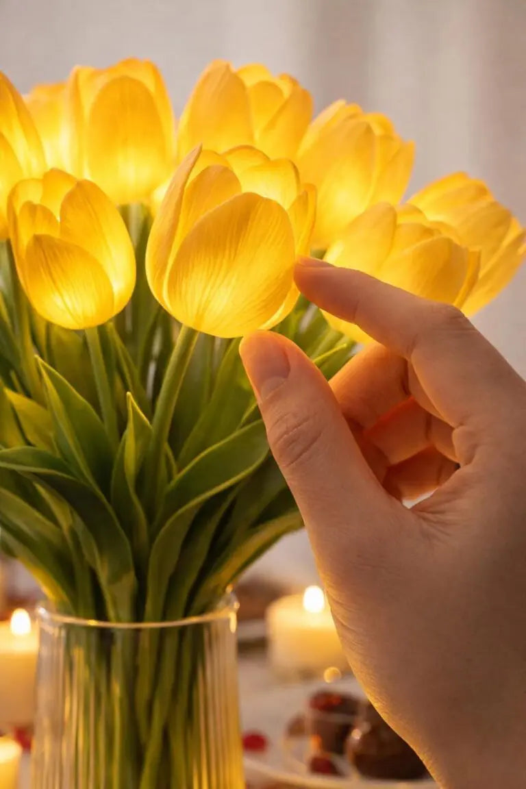 Romantyczna lampa LED tulipany – Zasilane bateriami tulipany LED łączące dekorację kwiatową z delikatnym oświetleniem nastrojowym
