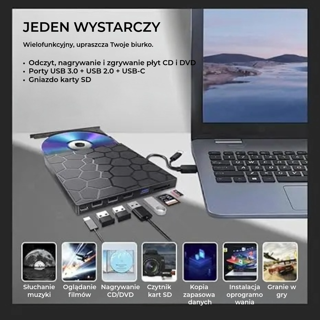 Zewnętrzny napęd CD/DVD 8-w-1 – odtwarzaj, nagrywaj i przechowuj filmy, muzykę i zdjęcia