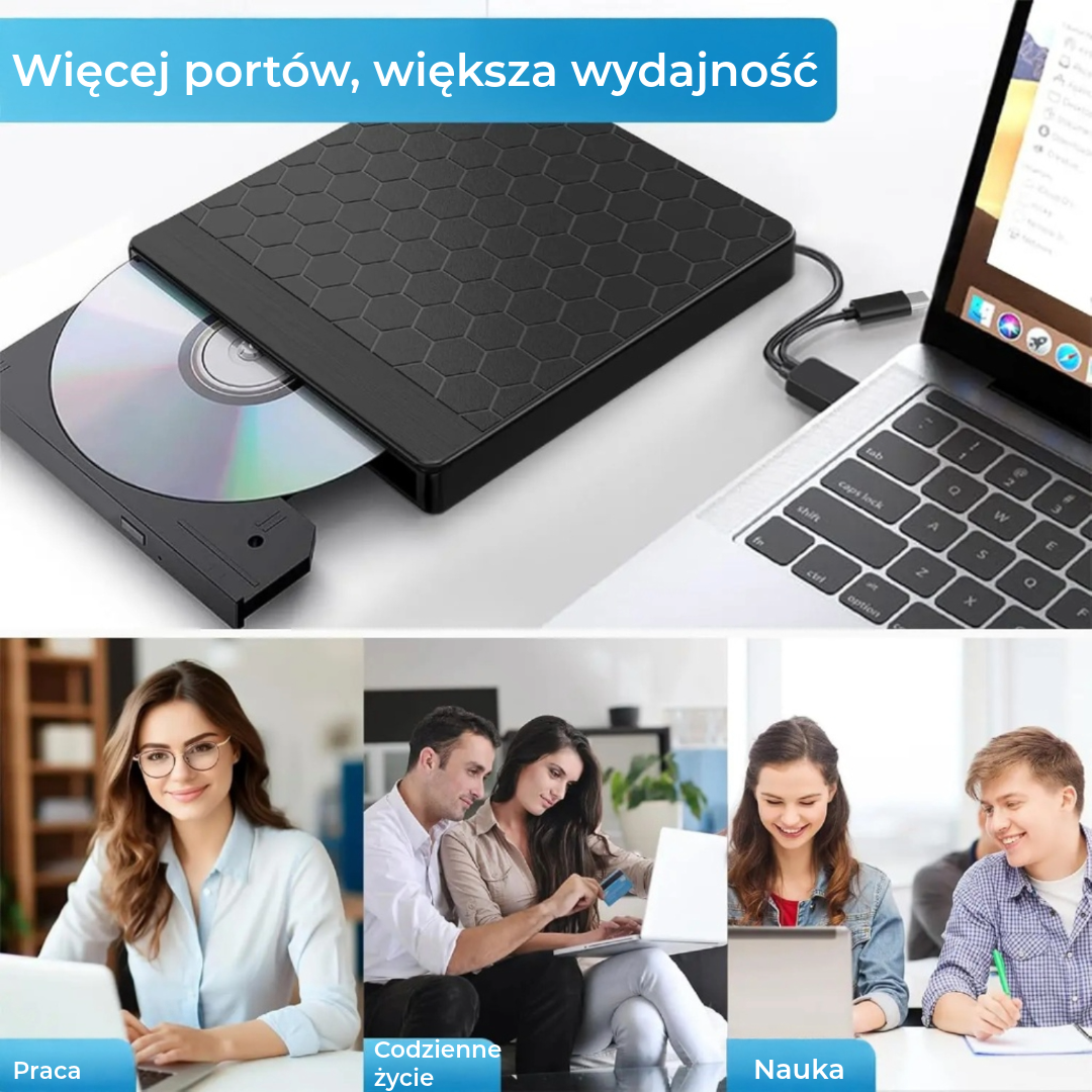 Zewnętrzny napęd CD/DVD 8-w-1 – odtwarzaj, nagrywaj i przechowuj filmy, muzykę i zdjęcia