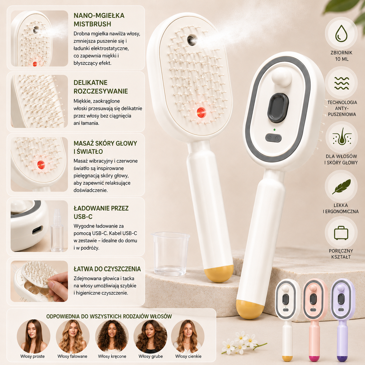 MistBrush – Elektryczna szczotka z rozpylaczem nanomgiełki, masażem skóry głowy i technologią anti-frizz dla bardziej miękkich i lśniących włosów