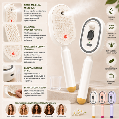 MistBrush – Elektryczna szczotka z rozpylaczem nanomgiełki, masażem skóry głowy i technologią anti-frizz dla bardziej miękkich i lśniących włosów