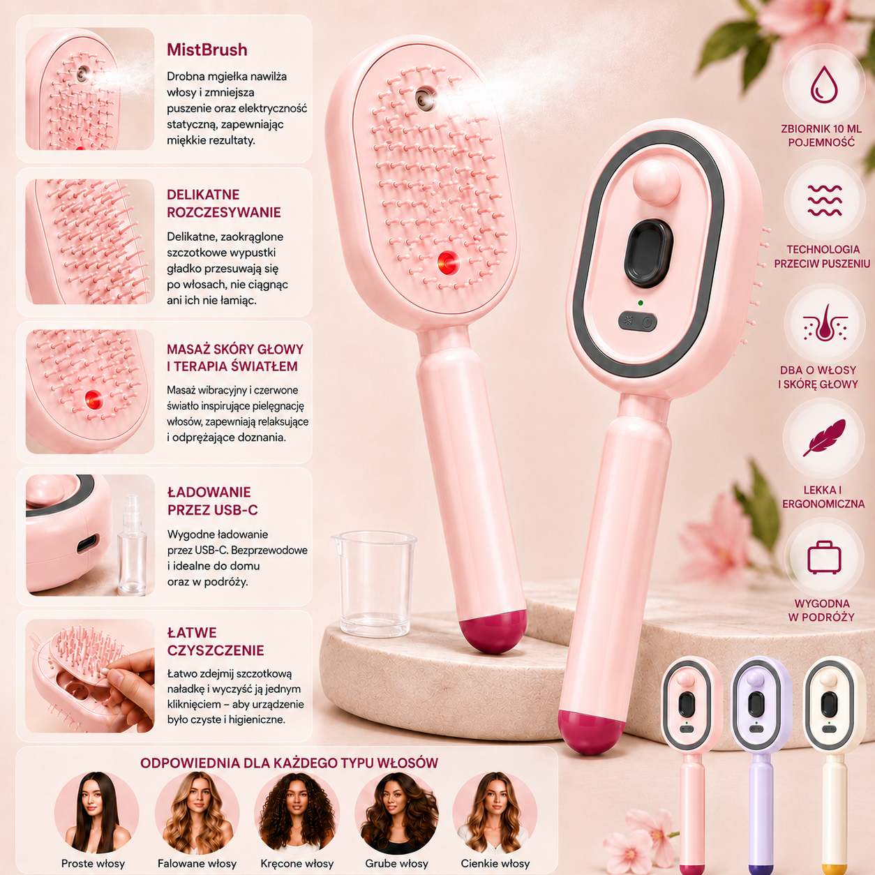 MistBrush – Elektryczna szczotka z rozpylaczem nanomgiełki, masażem skóry głowy i technologią anti-frizz dla bardziej miękkich i lśniących włosów