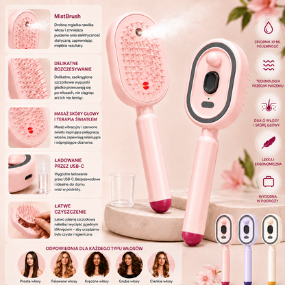 MistBrush – Elektryczna szczotka z rozpylaczem nanomgiełki, masażem skóry głowy i technologią anti-frizz dla bardziej miękkich i lśniących włosów