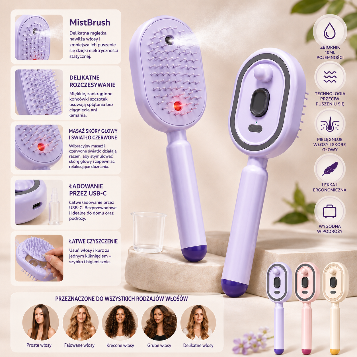 MistBrush – Elektryczna szczotka z rozpylaczem nanomgiełki, masażem skóry głowy i technologią anti-frizz dla bardziej miękkich i lśniących włosów