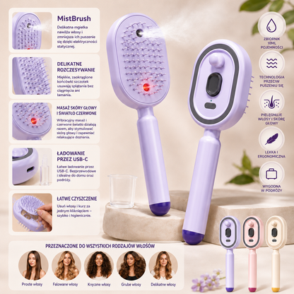 MistBrush – Elektryczna szczotka z rozpylaczem nanomgiełki, masażem skóry głowy i technologią anti-frizz dla bardziej miękkich i lśniących włosów