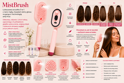 MistBrush – Elektryczna szczotka z rozpylaczem nanomgiełki, masażem skóry głowy i technologią anti-frizz dla bardziej miękkich i lśniących włosów