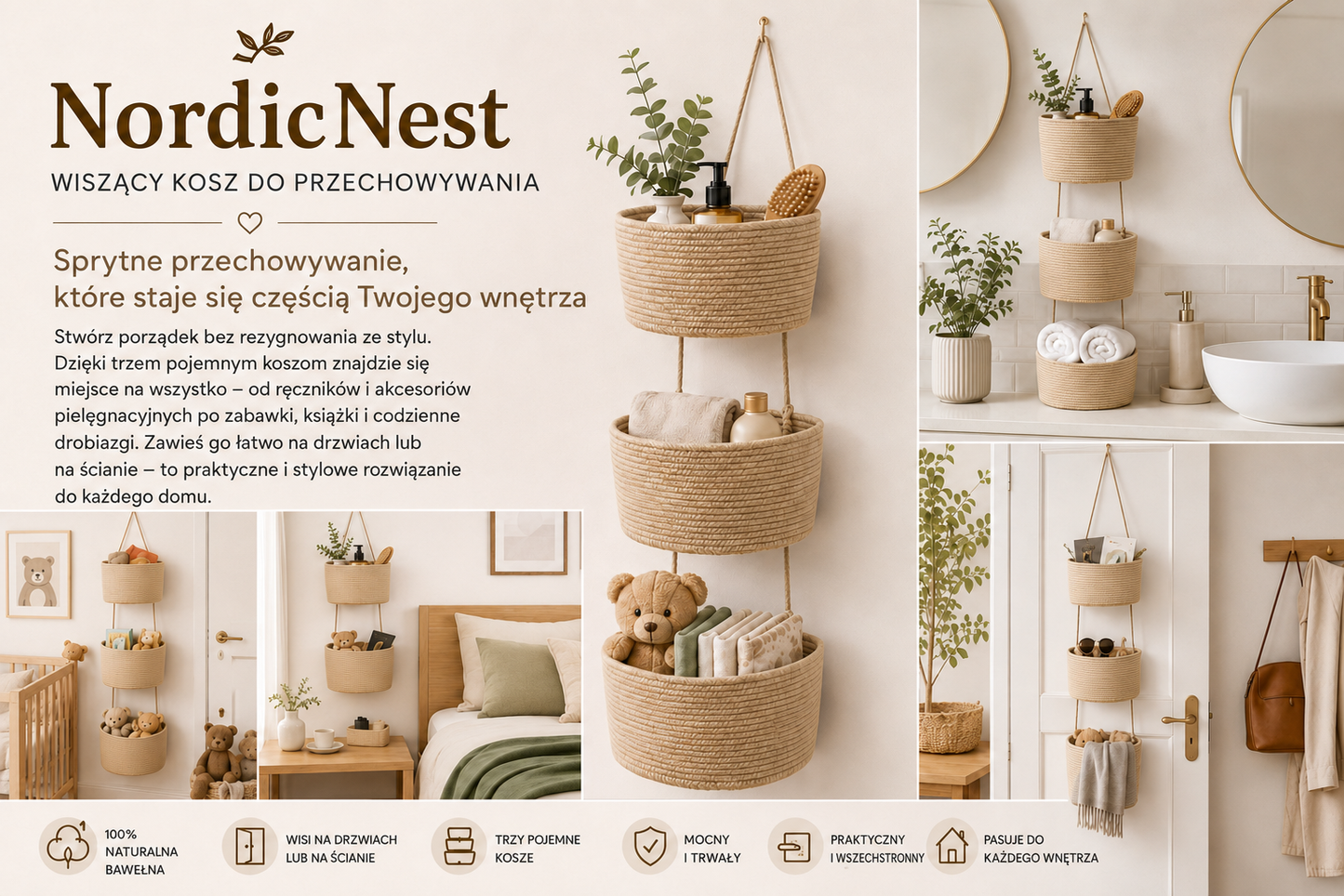 NordicNest – Wiszący kosz do przechowywania