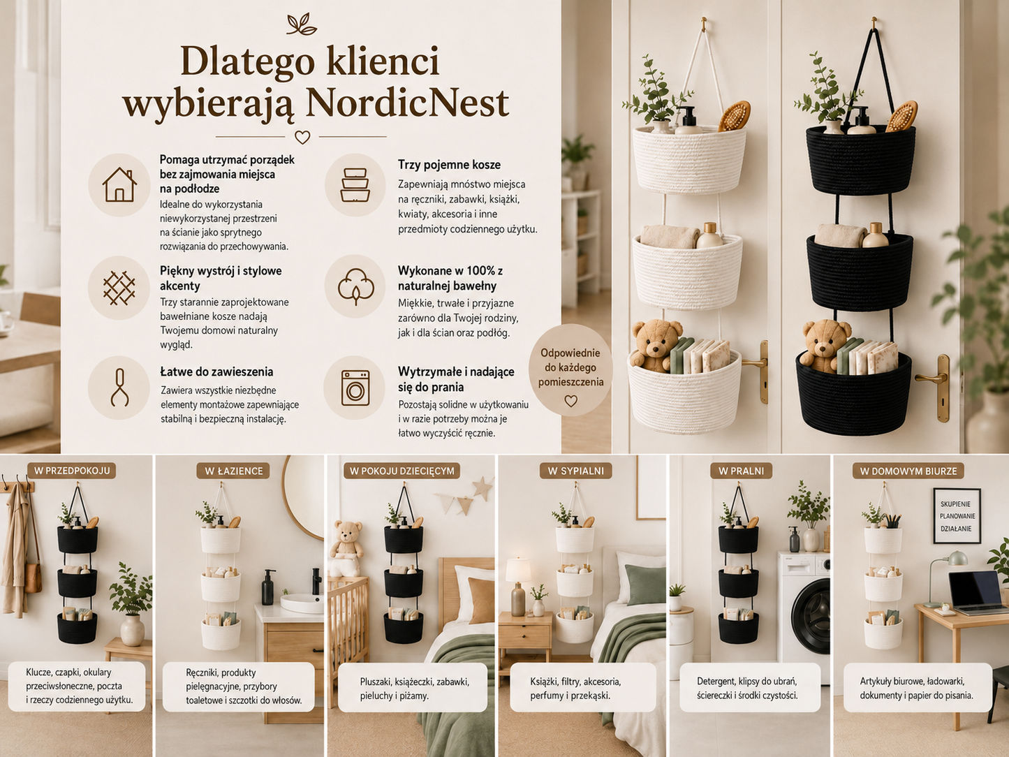 NordicNest – Wiszący kosz do przechowywania