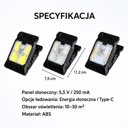 Lampa zewnętrzna solarna z czujnikiem ruchu i mocowaniem na klips