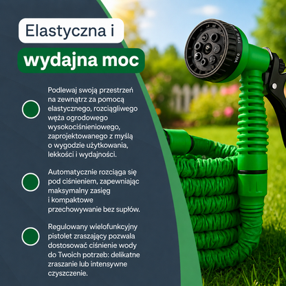 AQUAJET | Rozciągliwy wąż ogrodowy wysokociśnieniowy z 8 dyszami – Elastyczny, zwijany i odporny na zagięcia