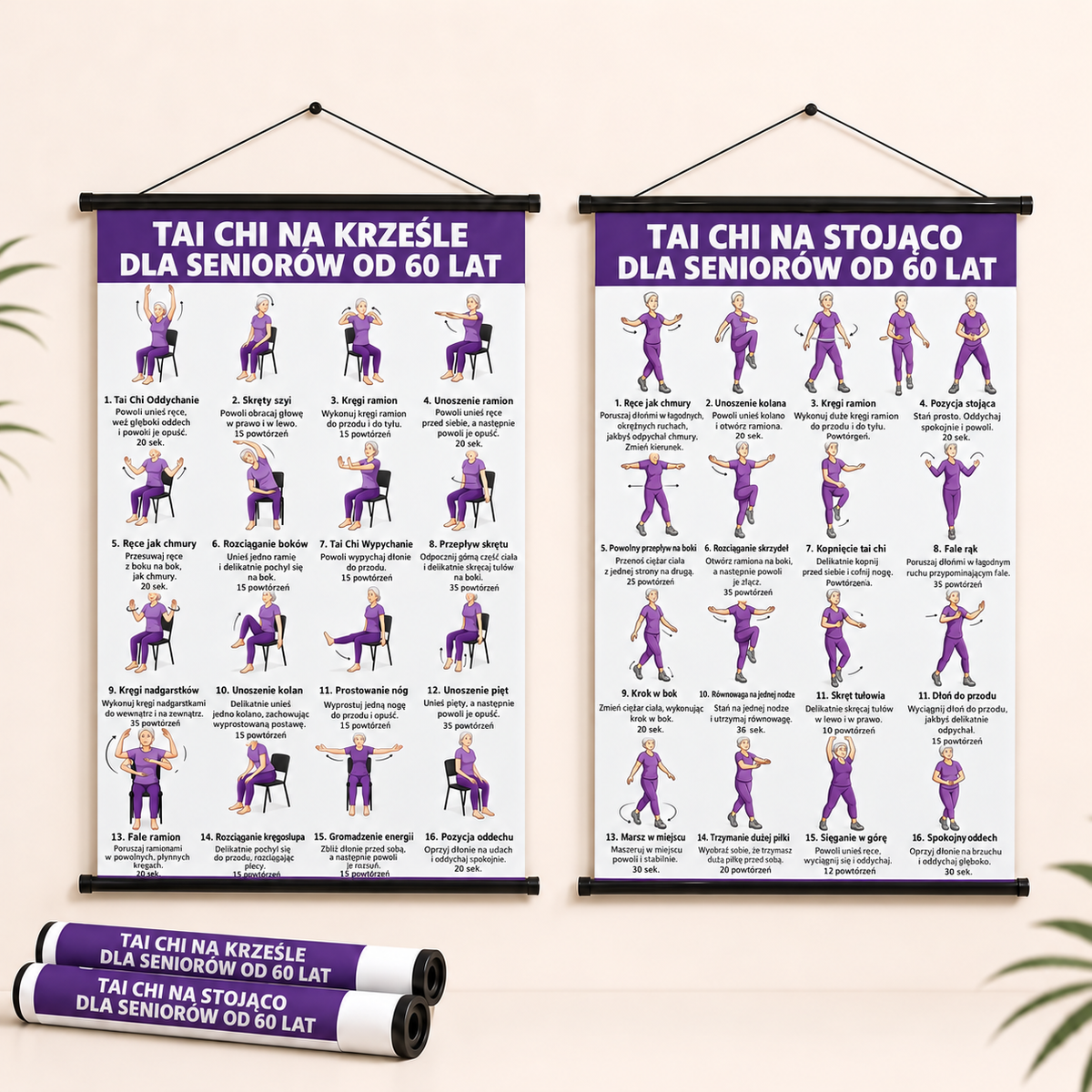Trening Tai Chi na krześle – zestaw 2 plakatów do prostych ćwiczeń w domu (60+)