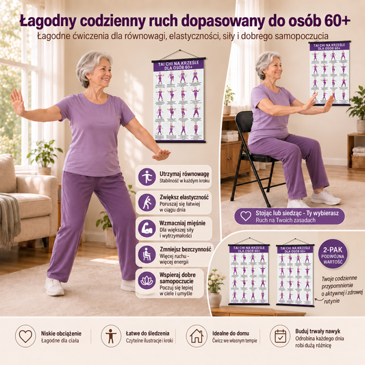 Trening Tai Chi na krześle – zestaw 2 plakatów do prostych ćwiczeń w domu (60+)