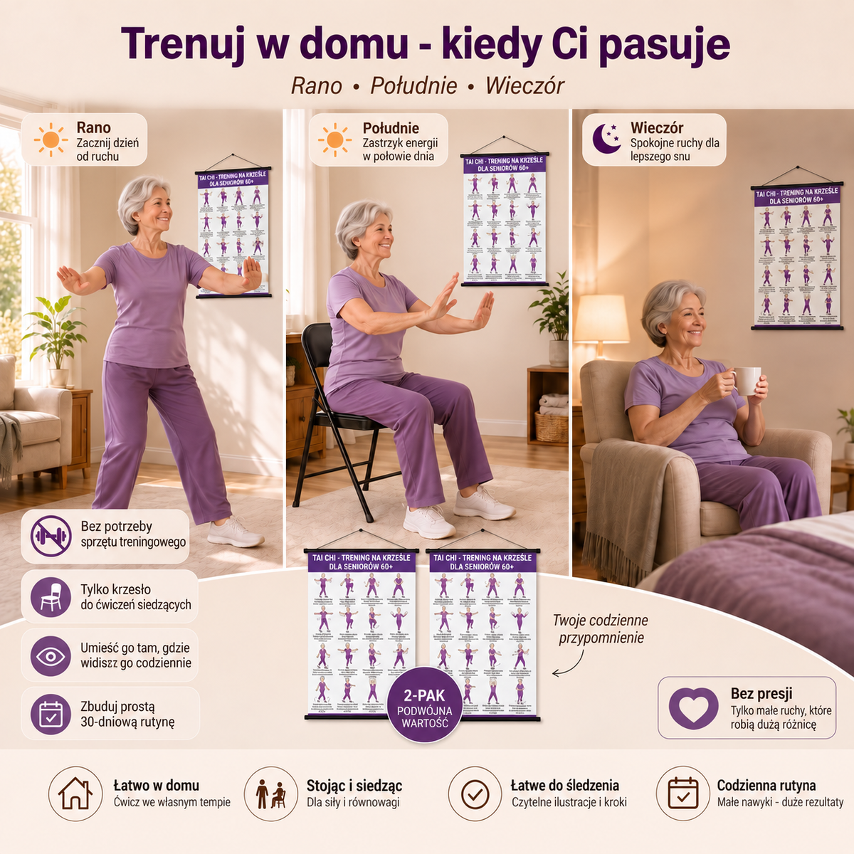 Trening Tai Chi na krześle – zestaw 2 plakatów do prostych ćwiczeń w domu (60+)