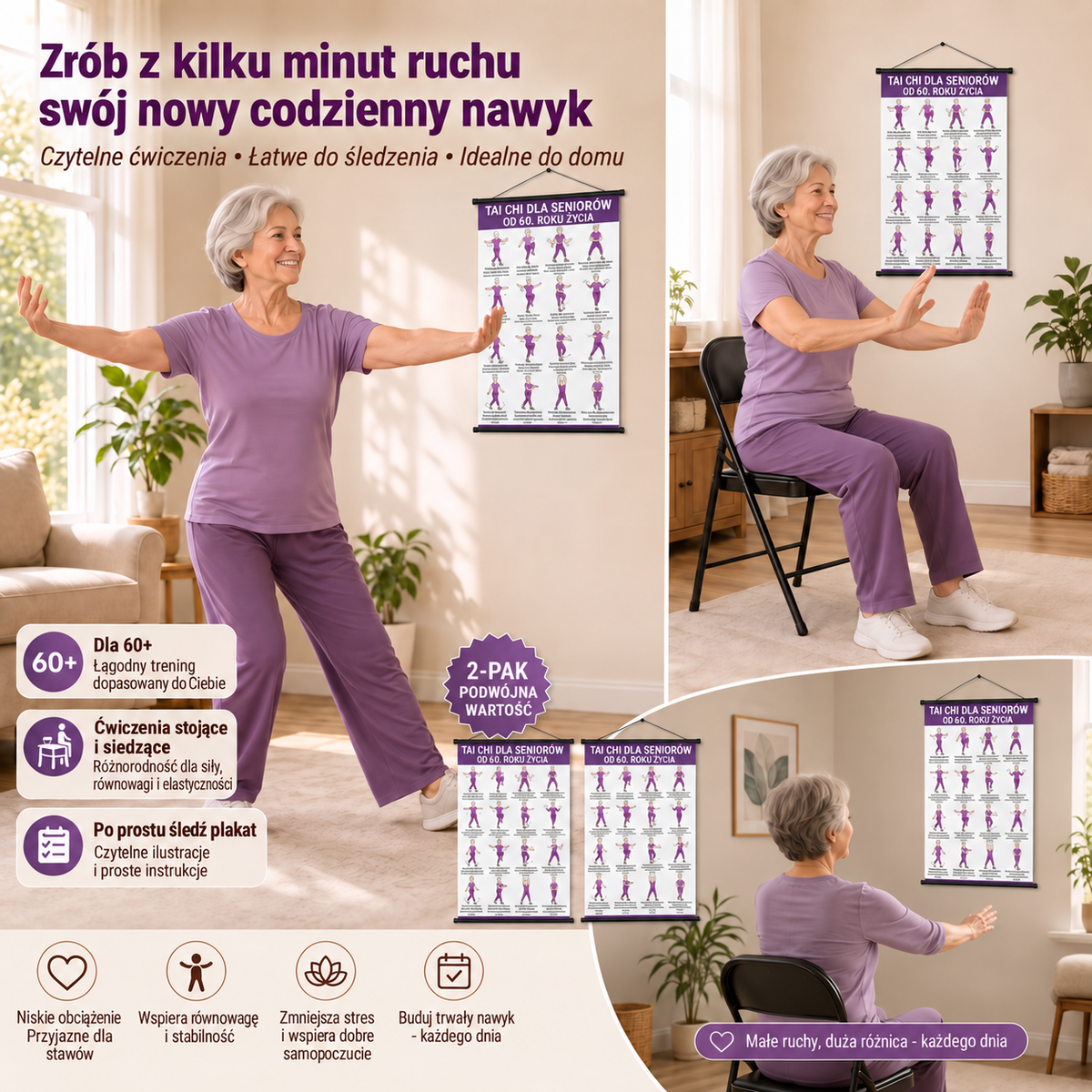 Trening Tai Chi na krześle – zestaw 2 plakatów do prostych ćwiczeń w domu (60+)