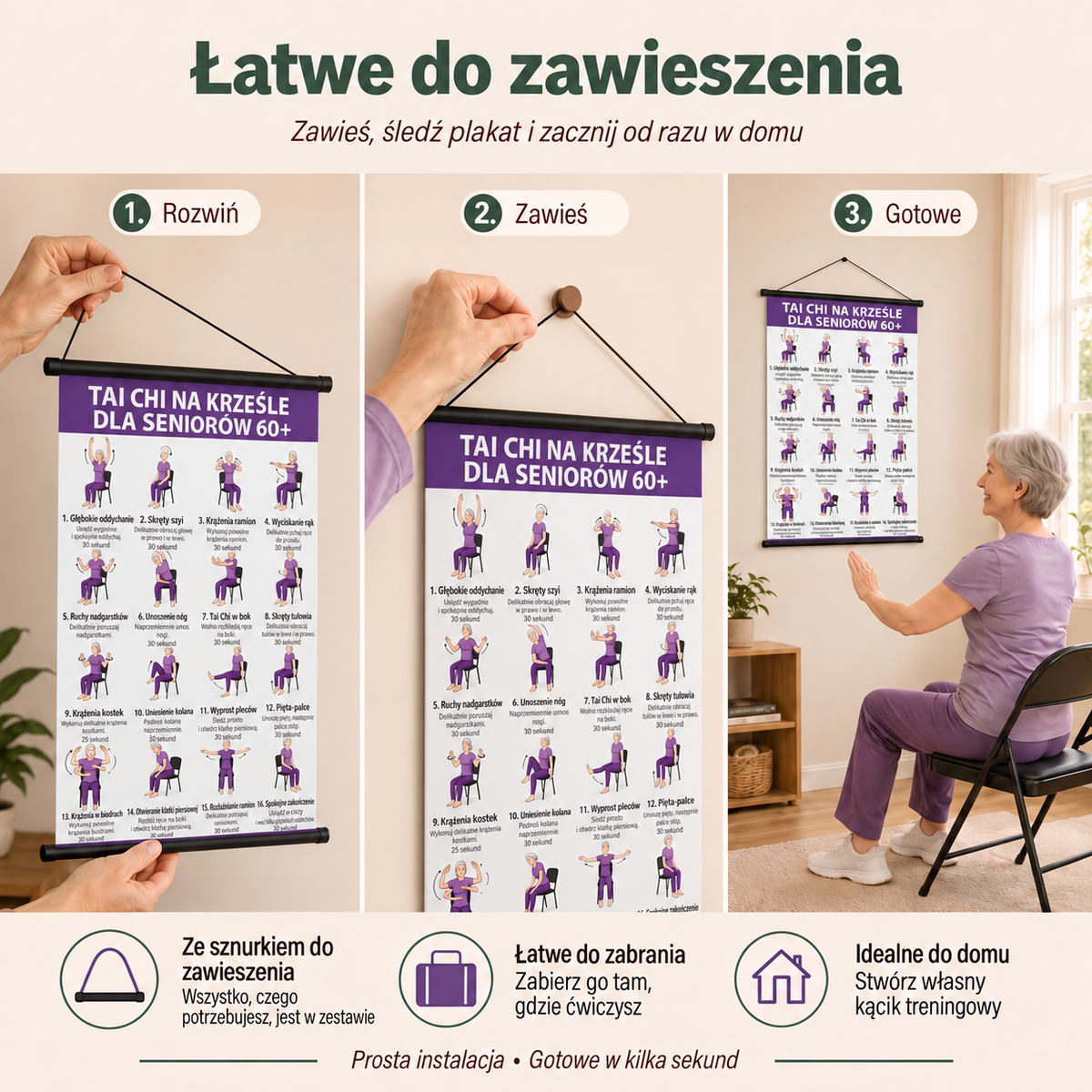 Trening Tai Chi na krześle – zestaw 2 plakatów do prostych ćwiczeń w domu (60+)