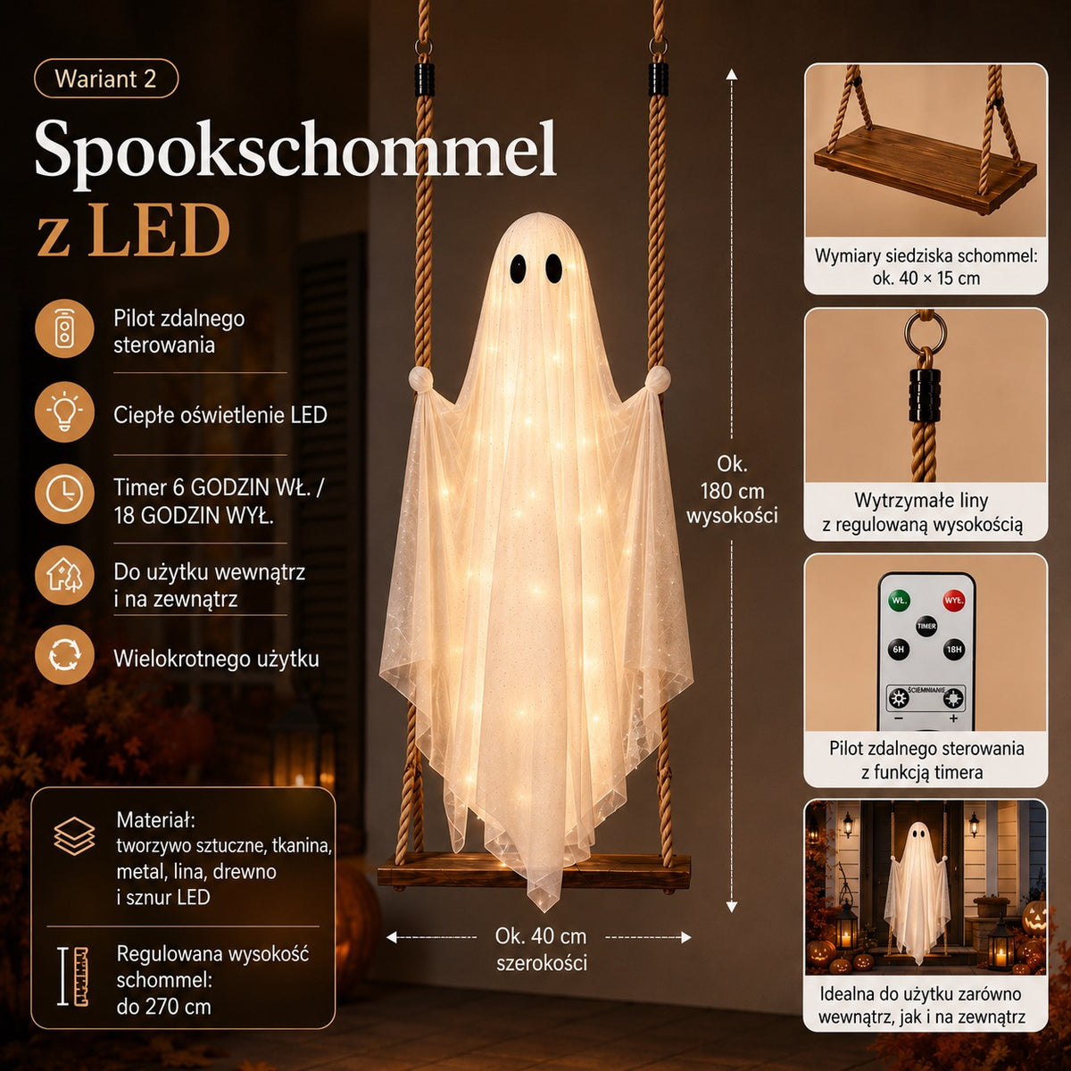 Huśtawka z duchem z oświetleniem LED – tegoroczna nowość na Halloween!