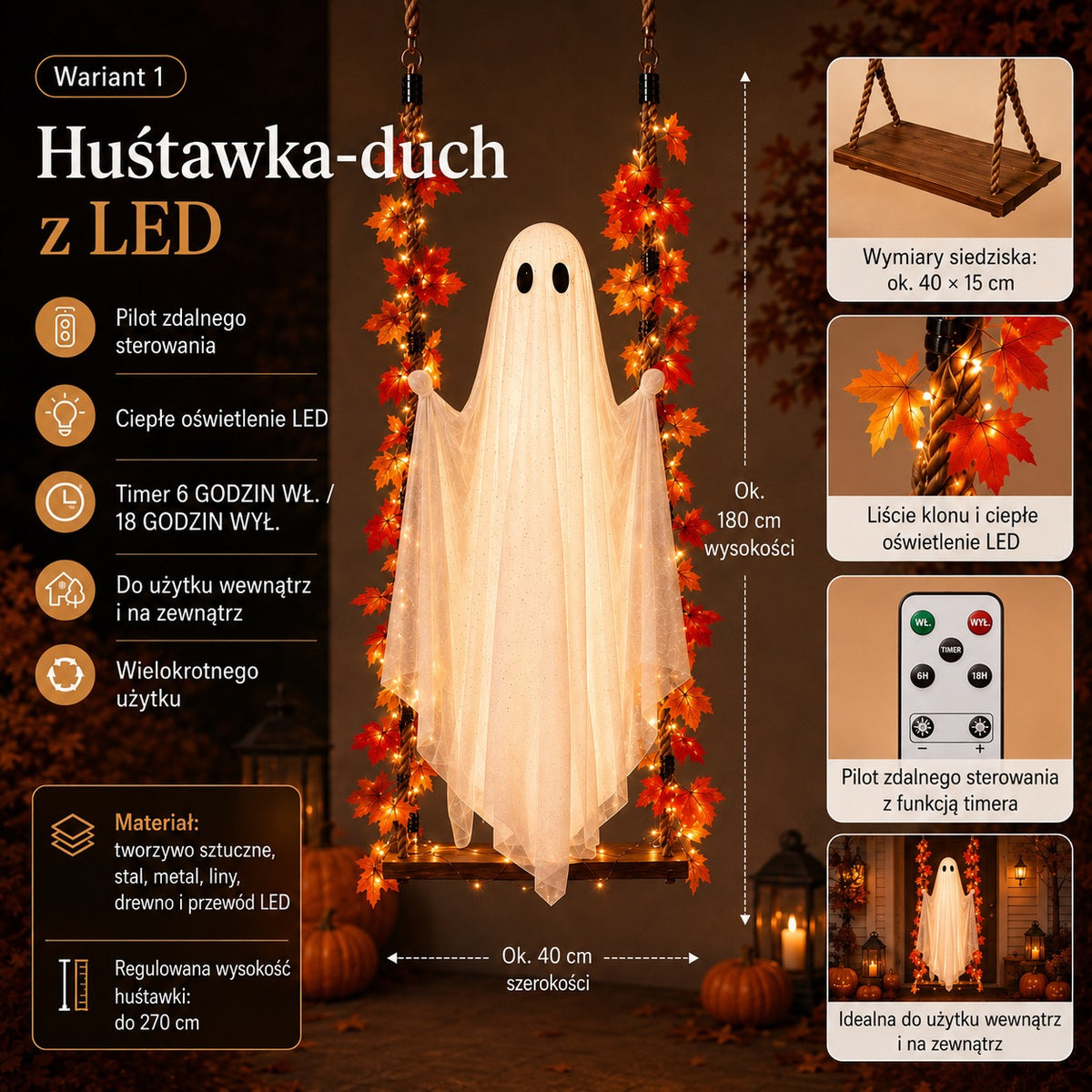 Huśtawka z duchem z oświetleniem LED – tegoroczna nowość na Halloween!