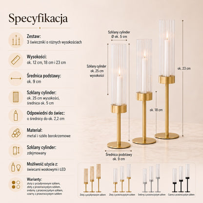Eleganckie świeczniki ze szklanym cylindrem w 3 wysokościach