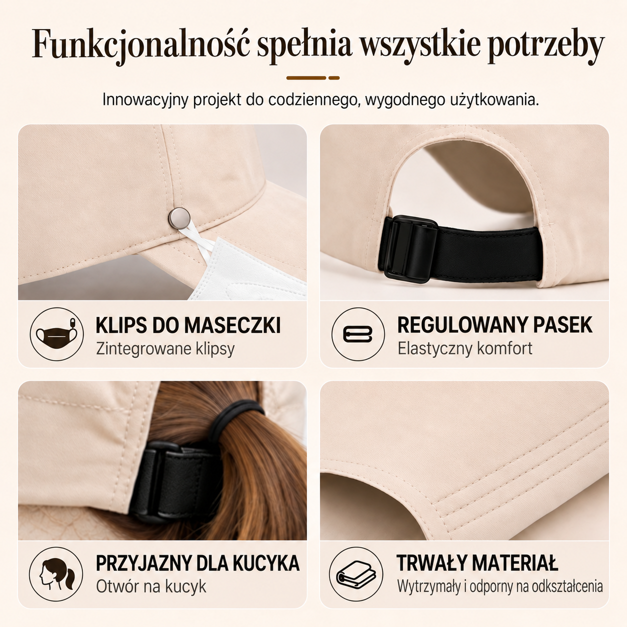 Kapelusz przeciwsłoneczny z otworem na kucyk