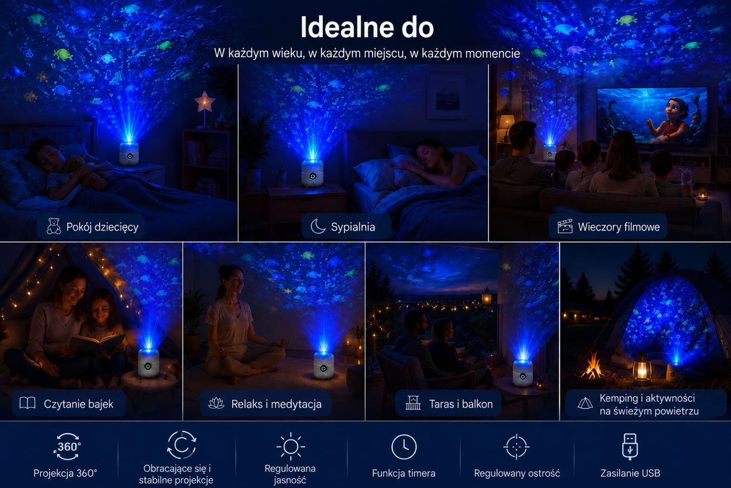 Projektor OceanWave z efektem fal oceanu i obracającymi się diodami LED – Stwórz magiczne wieczory