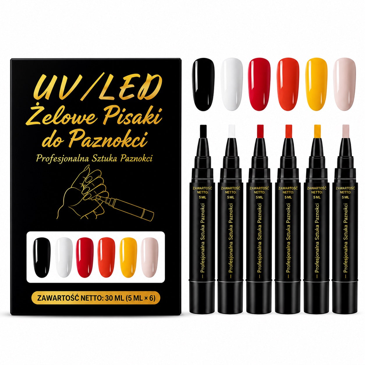 SalonPen – Żelowy lakier w pisaku 3 w 1 do paznokci z lampą UV (zestaw 6 sztuk)