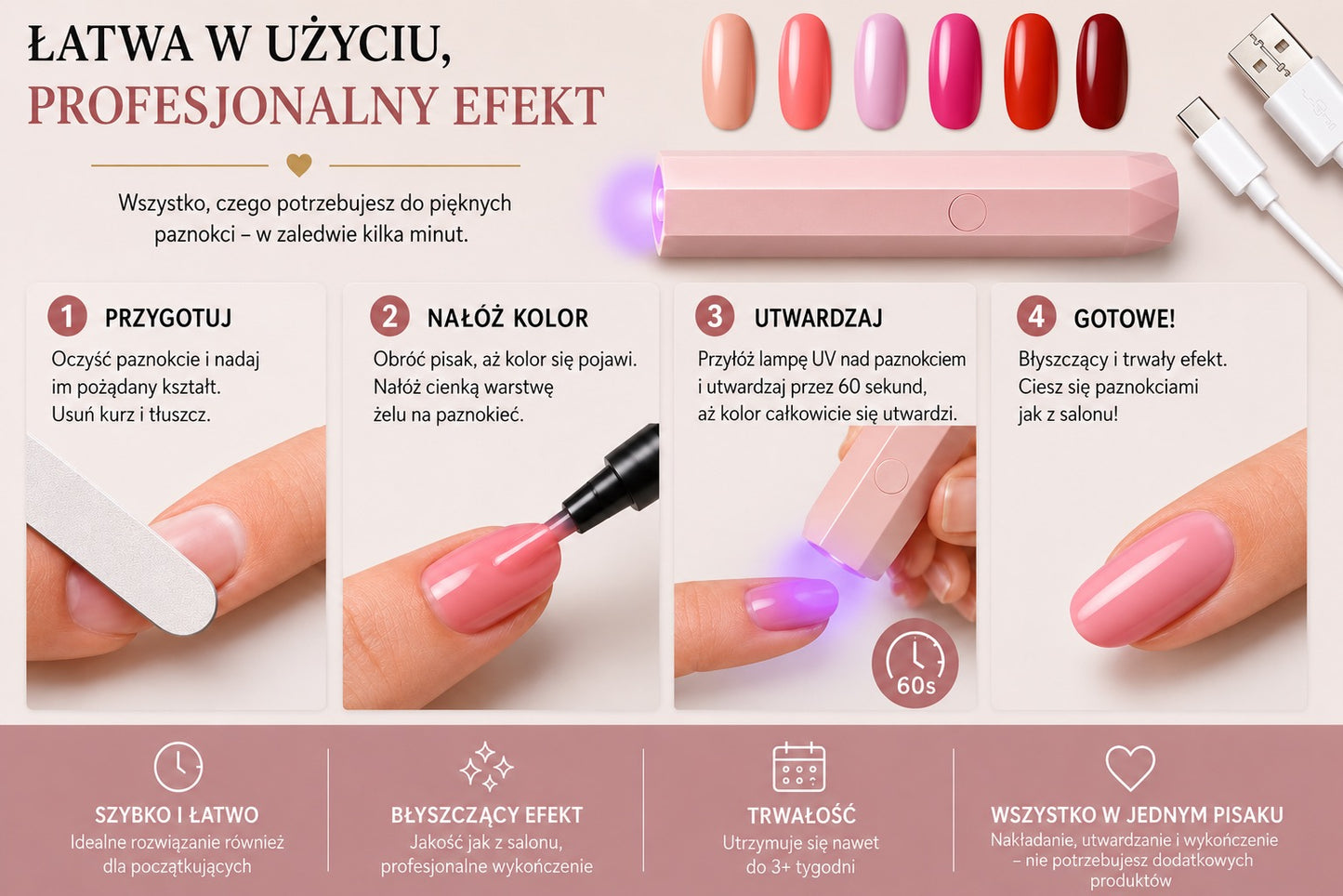 SalonPen – Żelowy lakier w pisaku 3 w 1 do paznokci z lampą UV (zestaw 6 sztuk)