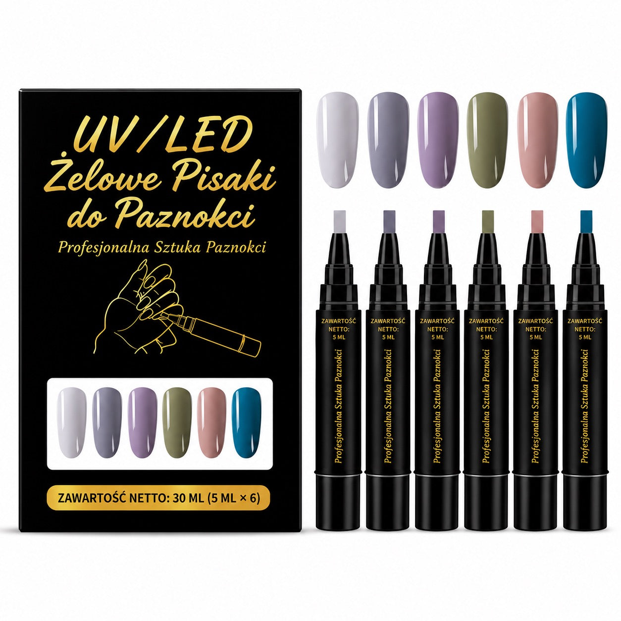 SalonPen – Żelowy lakier w pisaku 3 w 1 do paznokci z lampą UV (zestaw 6 sztuk)