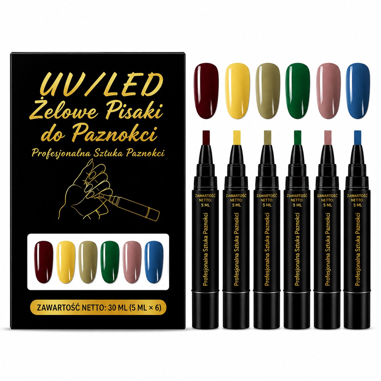 SalonPen – Żelowy lakier w pisaku 3 w 1 do paznokci z lampą UV (zestaw 6 sztuk)