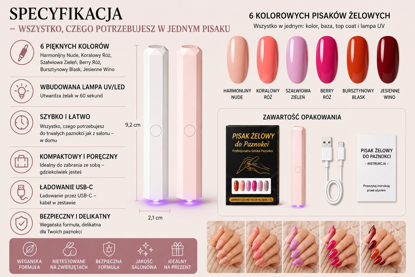 SalonPen – Żelowy lakier w pisaku 3 w 1 do paznokci z lampą UV (zestaw 6 sztuk)
