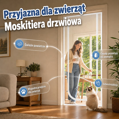 Drzwi z moskitierą na zamek błyskawiczny – wytrzymała siatka odporna na zadrapania, niezawodnie utrzymuje koty i psy wewnątrz lub na zewnątrz, idealna na ciepłe dni i świeże powietrze