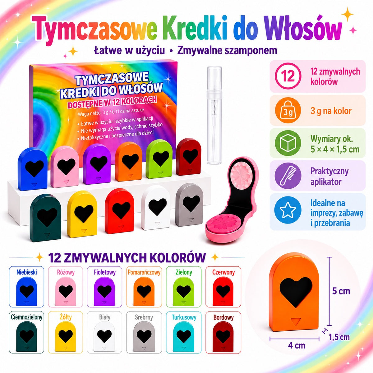 Kredki do włosów – 12 zmywalnych kolorów