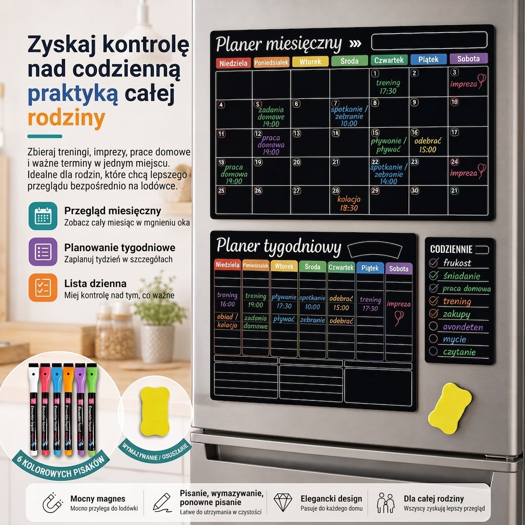 Magnetyczny planer rodzinny – Widok miesięczny, tygodniowy i dzienny