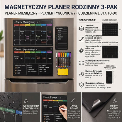 Magnetyczny planer rodzinny – Widok miesięczny, tygodniowy i dzienny