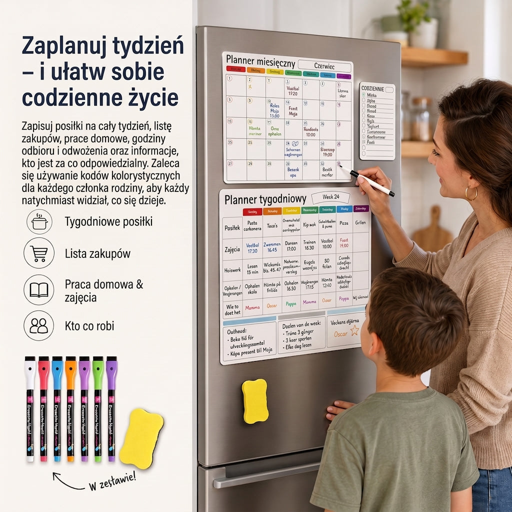 Magnetyczny planer rodzinny – Widok miesięczny, tygodniowy i dzienny