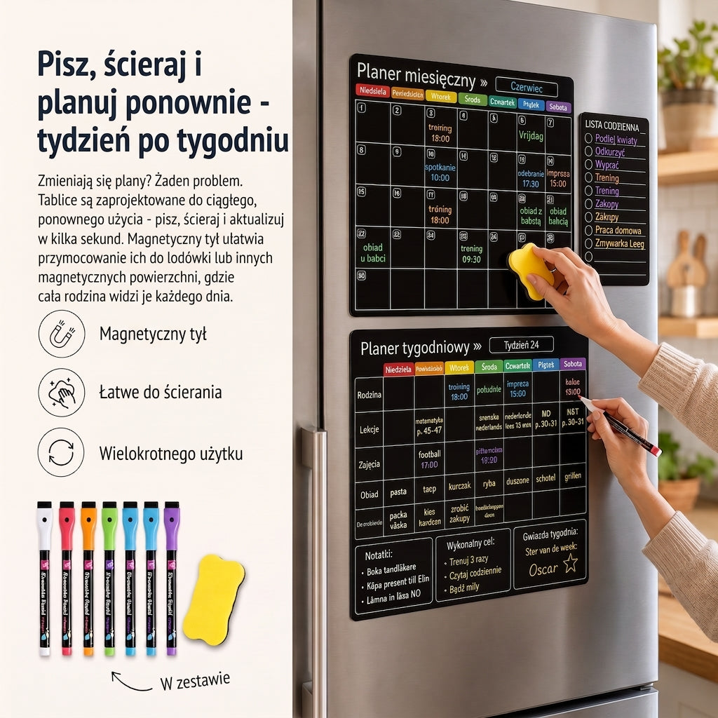 Magnetyczny planer rodzinny – Widok miesięczny, tygodniowy i dzienny