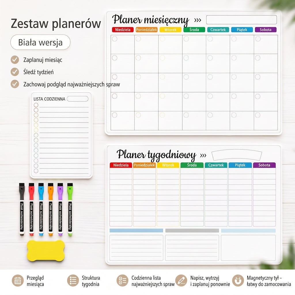 Magnetyczny planer rodzinny – Widok miesięczny, tygodniowy i dzienny
