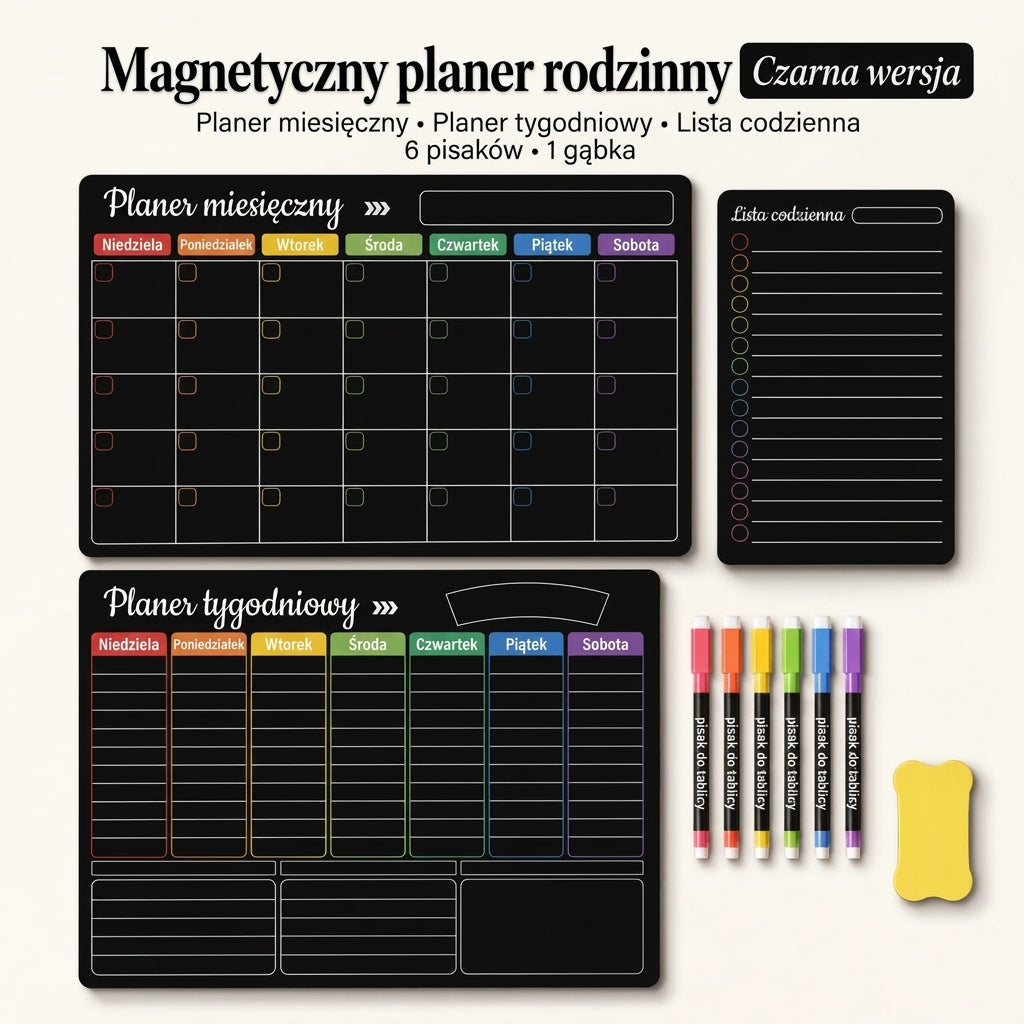 Magnetyczny planer rodzinny – Widok miesięczny, tygodniowy i dzienny